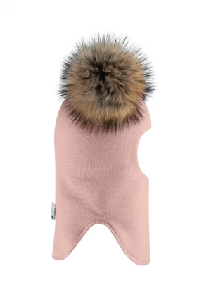 Зимова шапочка-шолом Corona.hm "Карамелька" пудра з 2 натуральними помпонами єнот