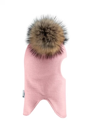 Зимняя шапочка-шлем Corona.hm "Карамелька" розовый с 2 натуральными помпонами енот