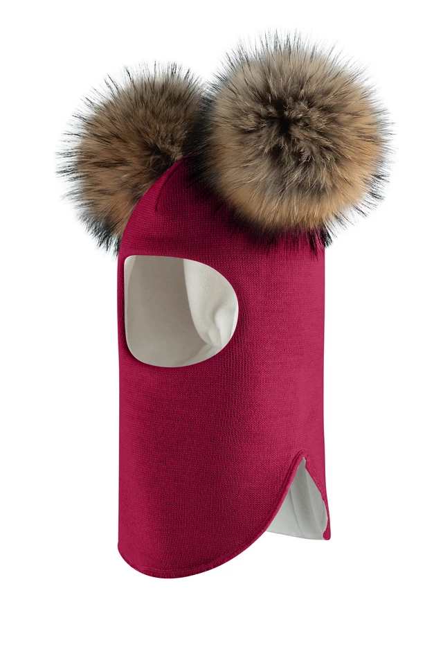 Зимняя шапочка-шлем Corona.hm "Карамелька" ягодный с 2 натуральными помпонами енот