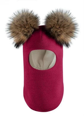 Зимняя шапочка-шлем Corona.hm "Карамелька" ягодный с 2 натуральными помпонами енот