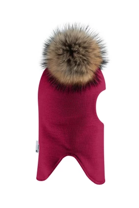 Зимняя шапочка-шлем Corona.hm "Карамелька" ягодный с 2 натуральными помпонами енот