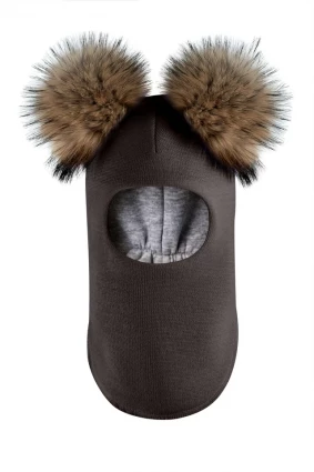 Зимова шапочка-шолом Corona.hm "Карамелька" графіт з 2 натуральними помпонами єнот