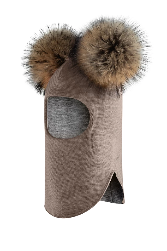 Зимова шапочка-шолом Corona.hm "Карамелька" капучіно з 2 натуральними помпонами єнот