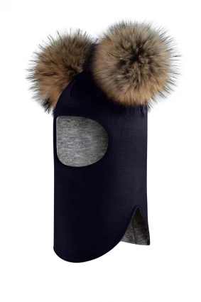 Зимняя шапочка-шлем Corona.hm "Карамелька" синий с 2 натуральными помпонами енот