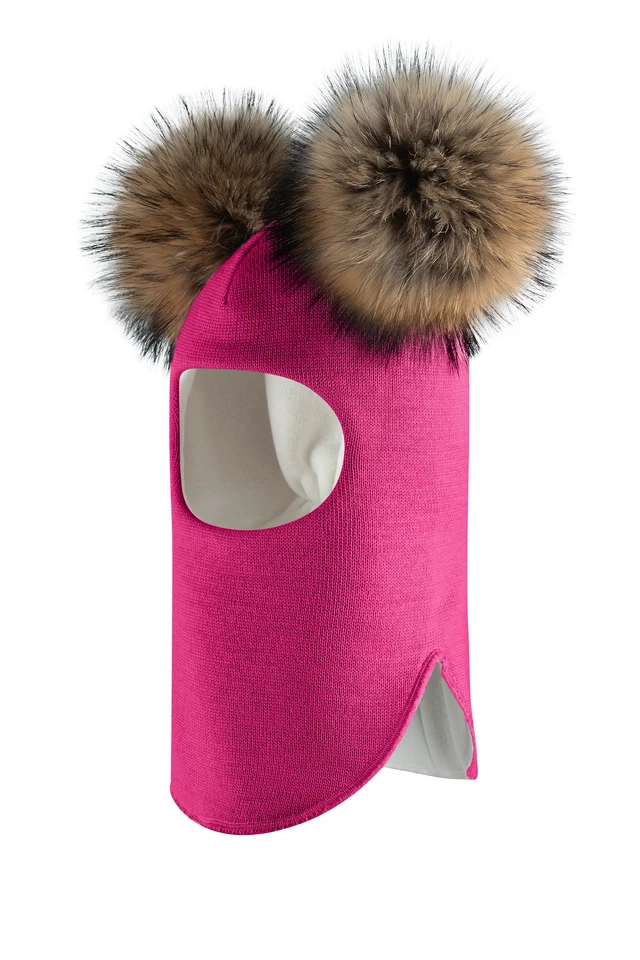 Зимняя шапочка-шлем Corona.hm "Карамелька" малина с 2 натуральными помпонами енот