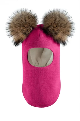 Зимняя шапочка-шлем Corona.hm "Карамелька" малина с 2 натуральными помпонами енот