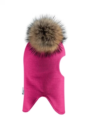 Зимняя шапочка-шлем Corona.hm "Карамелька" малина с 2 натуральными помпонами енот