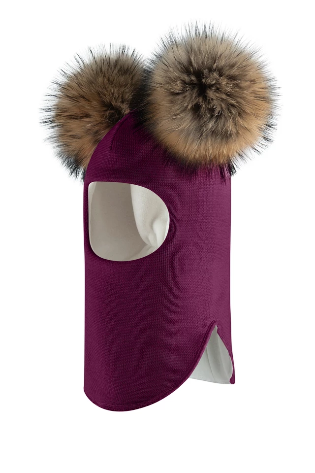 Зимова шапочка-шолом Corona.hm "Карамелька" бордо з 2 натуральними помпонами єнот