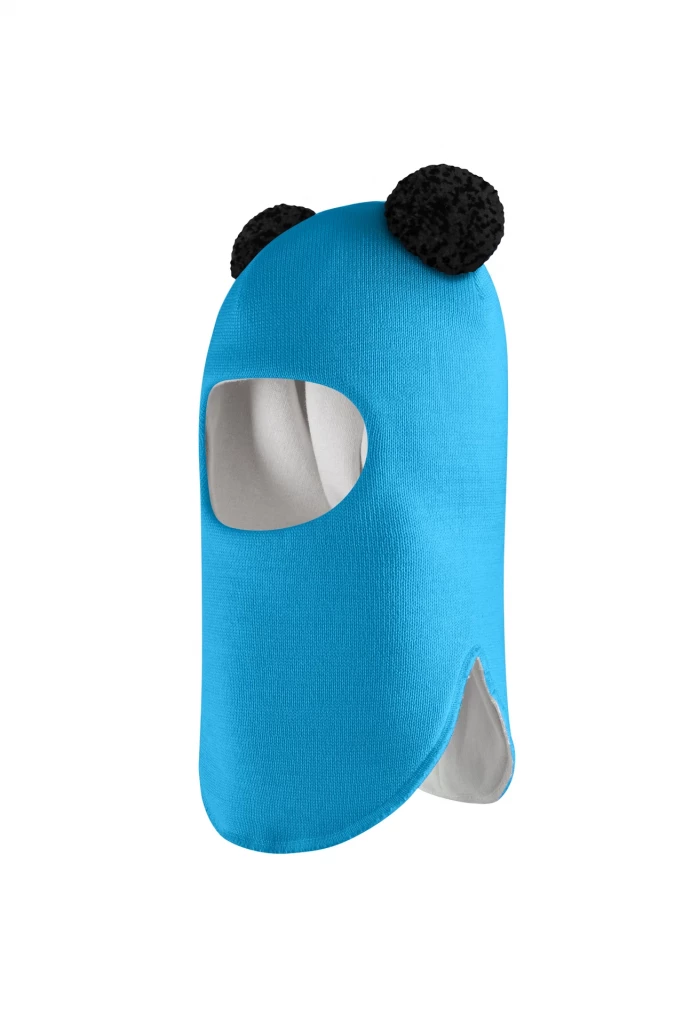 Зимняя шапочка шлем Corona.hm "Пандочка с черными помпонами" бирюза