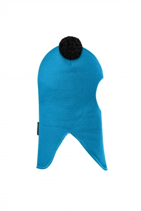 Зимняя шапочка шлем Corona.hm "Пандочка с черными помпонами" бирюза