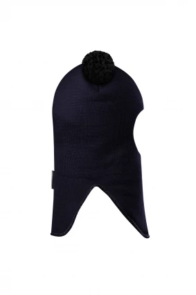 Зимняя шапочка шлем Corona.hm "Пандочка с черными помпонами" синий