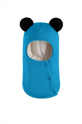 Зимова шапочка-шолом Corona.hm "Пандочка з чорними помпонами" на кнопочках бірюза