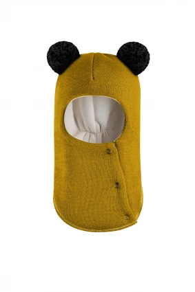 Зимова шапочка-шолом Corona.hm "Пандочка з чорними помпонами" на кнопочках медовий