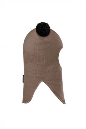 Зимова шапочка-шолом Corona.hm "Пандочка з чорними помпонами" на кнопочках молочний шоколад