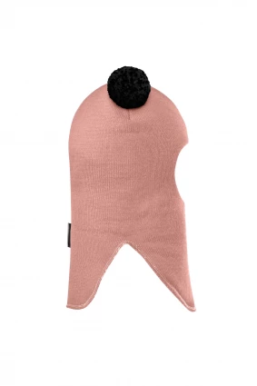 Зимова шапочка-шолом Corona.hm "Пандочка з чорними помпонами" на кнопочках пудра