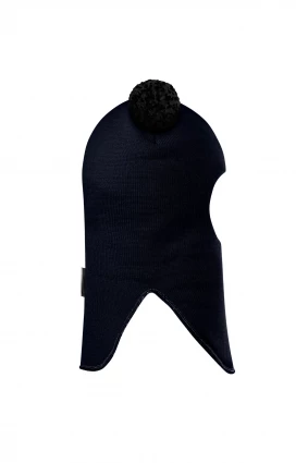 Зимова шапочка-шолом Corona.hm "Пандочка з чорними помпонами" на кнопочках синій оксамит