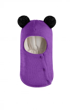 Зимова шапочка-шолом Corona.hm "Пандочка з чорними помпонами" на кнопочках фіалка