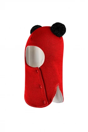 Зимняя шапочка шлем Corona.hm "Пандочка с черными помпонами" на кнопочках красный