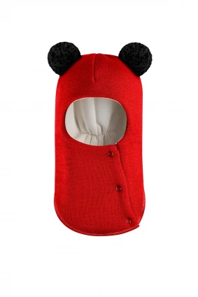 Зимняя шапочка шлем Corona.hm "Пандочка с черными помпонами" на кнопочках красный