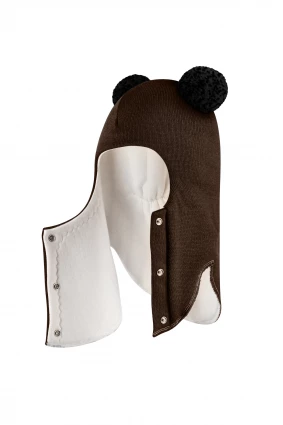 Зимняя шапочка шлем Corona.hm "Пандочка с черными помпонами" на кнопочках шоколад