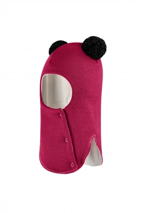 Зимняя шапочка шлем Corona.hm "Пандочка с черными помпонами" на кнопочках ягодный