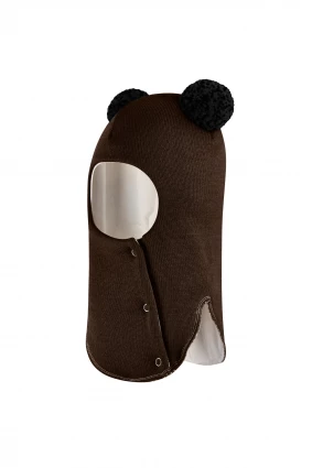 Зимняя шапочка шлем Corona.hm "Пандочка с черными помпонами" на кнопочках ягодный