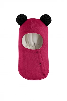 Зимняя шапочка шлем Corona.hm "Пандочка с черными помпонами" на кнопочках ягодный