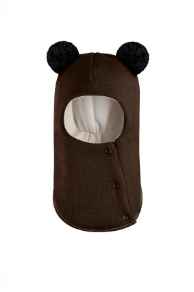 Зимняя шапочка шлем Corona.hm "Пандочка с черными помпонами" на кнопочках ягодный