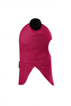 Зимняя шапочка шлем Corona.hm "Пандочка с черными помпонами" на кнопочках ягодный