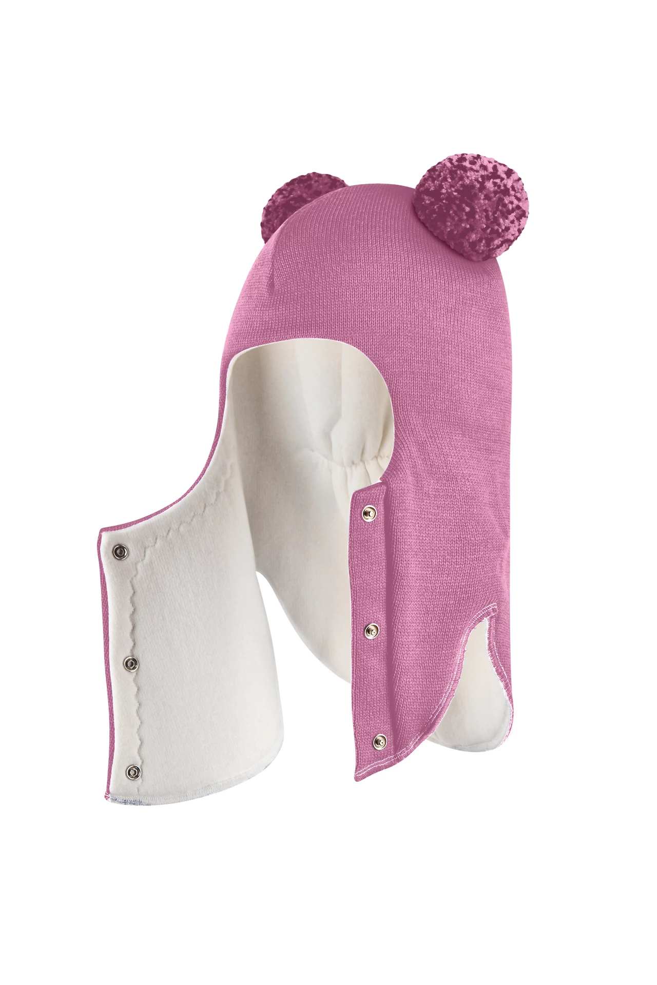 Зимова шапочка-шолом Corona.hm "Пандочка з помпонами МЕЛАНЖ" на кнопочках пильно-рожевий