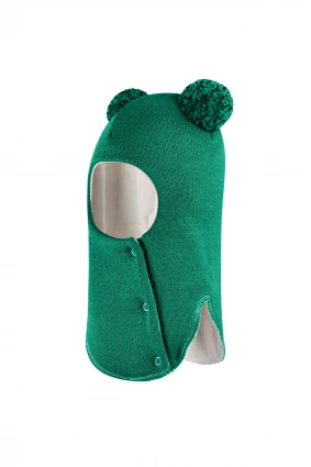 Зимова шапочка-шолом Corona.hm "Пандочка з помпонами МЕЛАНЖ" на кнопочках смарагд