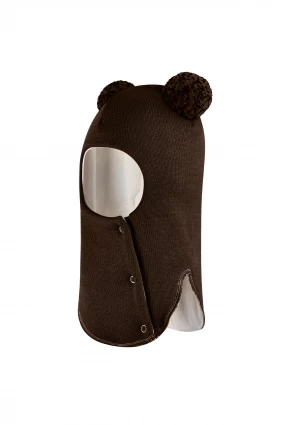 Зимняя шапочка шлем Corona.hm "Пандочка с помпонами МЕЛАНЖ" на кнопочках шоколад