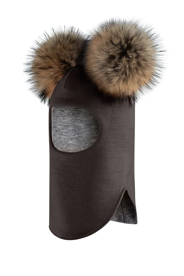 Зимова шапочка-шолом Corona.hm "Карамелька"  графіт з 2 натуральними помпонами єнот