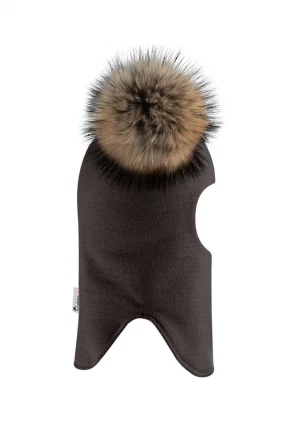 Зимняя шапочка-шлем Corona.hm "Карамелька" графит с 2 натуральными помпонами енот