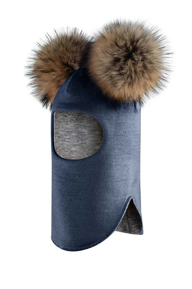 Зимняя шапочка-шлем Corona.hm "Карамелька" джинс с 2 натуральными помпонами енот