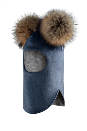 Зимняя шапочка-шлем Corona.hm "Карамелька" джинс с 2 натуральными помпонами енот