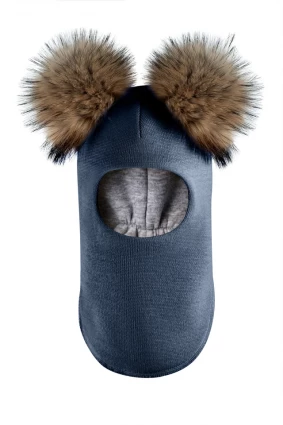 Зимняя шапочка-шлем Corona.hm "Карамелька" джинс с 2 натуральными помпонами енот