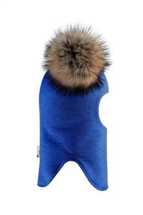 Зимняя шапочка-шлем Corona.hm "Карамелька" электрик с 2 натуральными помпонами енот