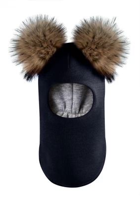 Зимняя шапочка-шлем Corona.hm "Карамелька" синий бархат с 2 натуральными помпонами енот