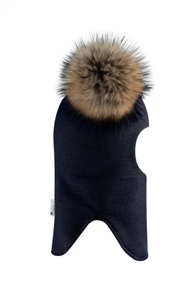 Зимняя шапочка-шлем Corona.hm "Карамелька" синий бархат с 2 натуральными помпонами енот