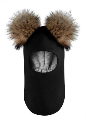 Зимова шапочка-шолом Corona.hm "Карамелька"  чорний з 2 натуральними помпонами єнот