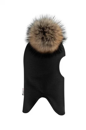 Зимова шапочка-шолом Corona.hm "Карамелька"  чорний з 2 натуральними помпонами єнот