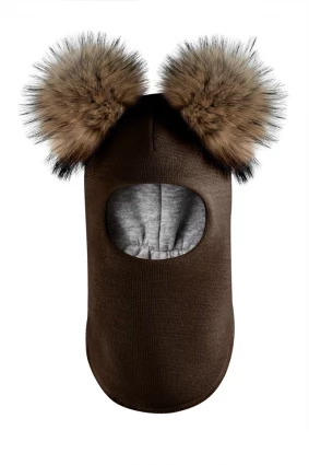 Зимняя шапочка-шлем Corona.hm "Карамелька" шоколад с 2 натуральными помпонами енот