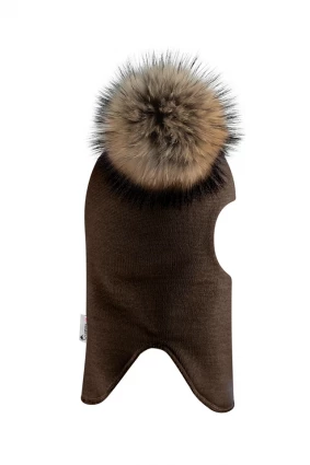Зимняя шапочка-шлем Corona.hm "Карамелька" шоколад с 2 натуральными помпонами енот