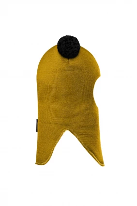 Зимняя шапочка шлем Corona.hm "Пандочка с черными помпонами" медовый