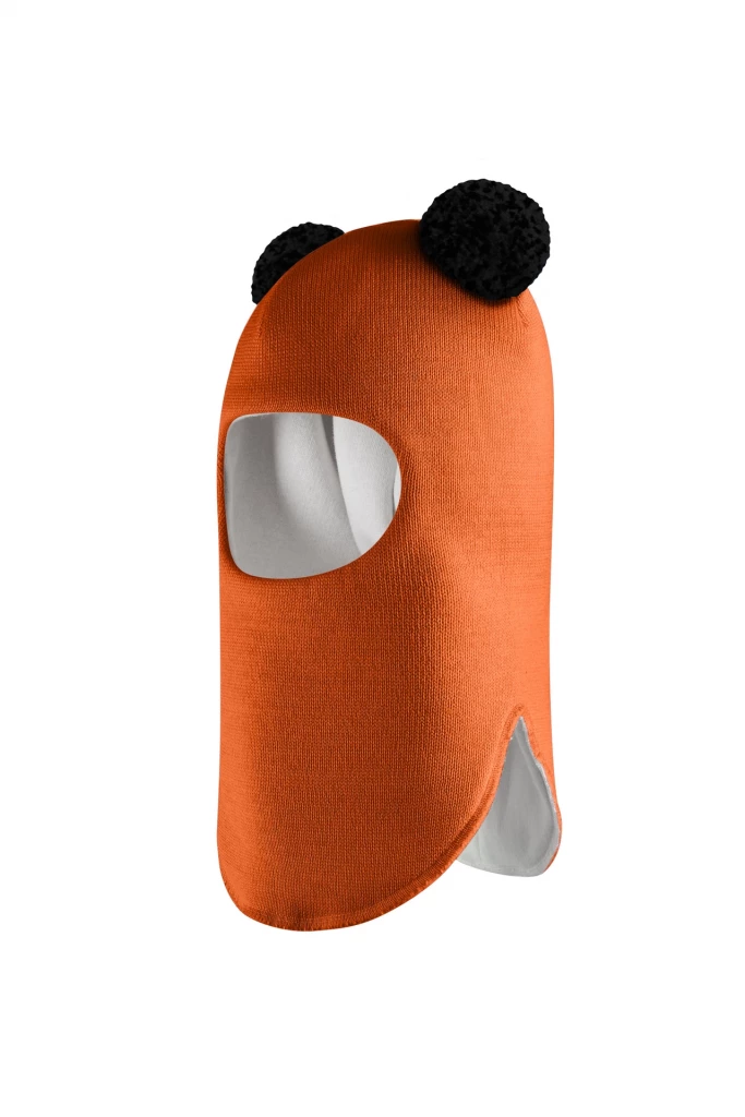 Зимняя шапочка шлем Corona.hm "Пандочка с черными помпонами" оранж