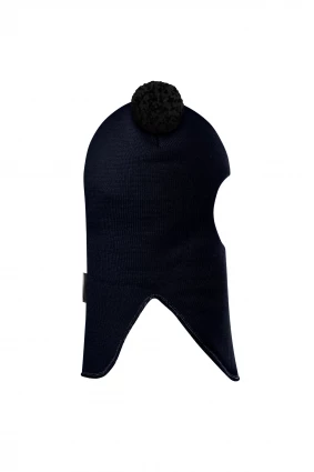 Зимняя шапочка шлем Corona.hm "Пандочка с черными помпонами" синий бархат