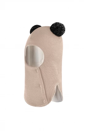 Зимняя шапочка шлем Corona.hm "Пандочка с черными помпонами" на кнопочках беж золотой