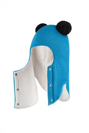 Зимняя шапочка шлем Corona.hm "Пандочка с черными помпонами" на кнопочках бирюза