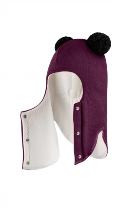 Зимова шапочка-шолом Corona.hm "Пандочка з чорними помпонами" на кнопочках бордо